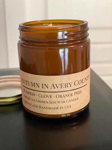 Autumn in Avery County  9 oz 100% soy candle in recycled amber glass