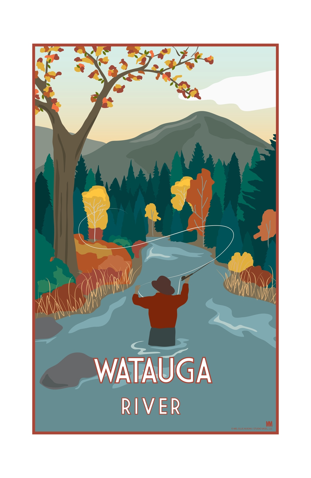 Fisherman on the Watauga River Nature Travel Print 11 x17